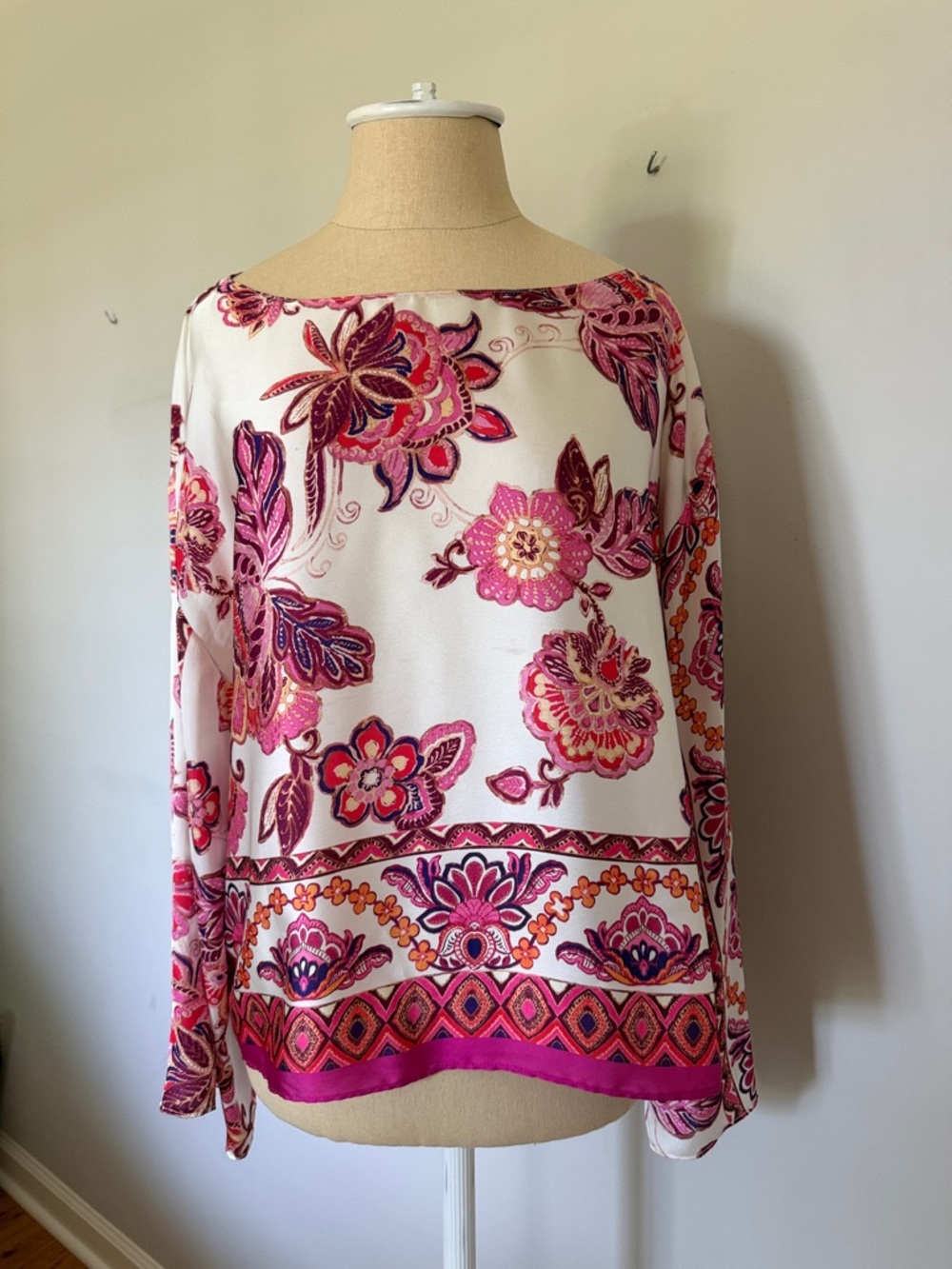 Zara Cream Long Sleeve Tunic with Pink Floral Border Print